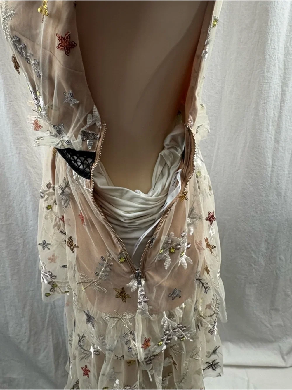 Sheer Star-Embellished Midi Dress in Nude with Black Trim 2 - Picture 13 of 16